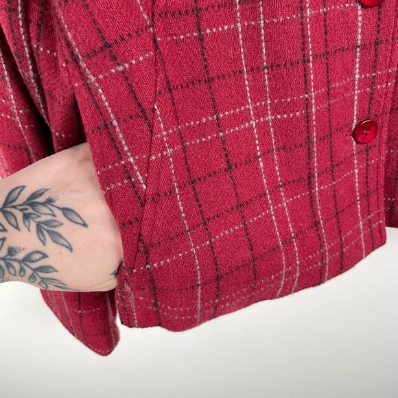 90s Vintage Plaid Tweed Blazer Jacket Women 6 Red Wool Blend Long Sleeve Pockets - Picture 7 of 9